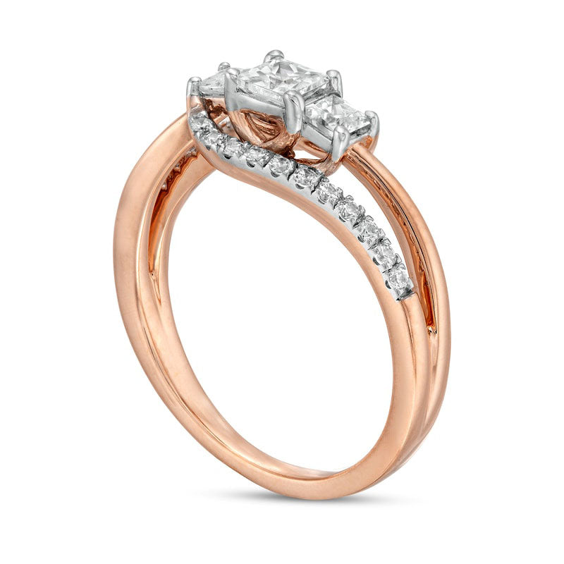 0.75 CT. T.W. Princess-Cut and Round Natural Diamond Three Stone Bypass Ring in Solid 10K Rose Gold