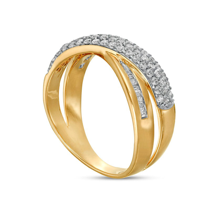 0.50 CT. T.W. Baguette and Round Natural Diamond Crossover Anniversary Band in Solid 10K Yellow Gold