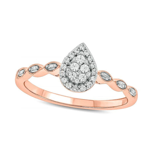 0.20 CT. T.W. Composite Baguette and Round Natural Diamond Pear-Shaped Frame Scallop Shank Promise Ring in Solid 10K Rose Gold