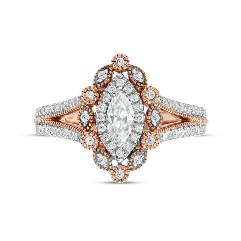 0.75 CT. T.W. Marquise and Round Natural Diamond Alternating Frame Antique Vintage-Style Engagement Ring in Solid 10K Rose Gold