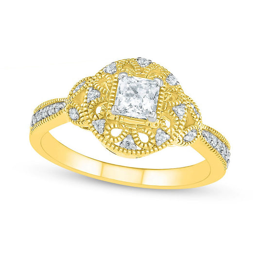 0.50 CT. T.W. Princess-Cut and Round Natural Diamond Frame Antique Vintage-Style Art Deco Engagement Ring in Solid 10K Yellow Gold