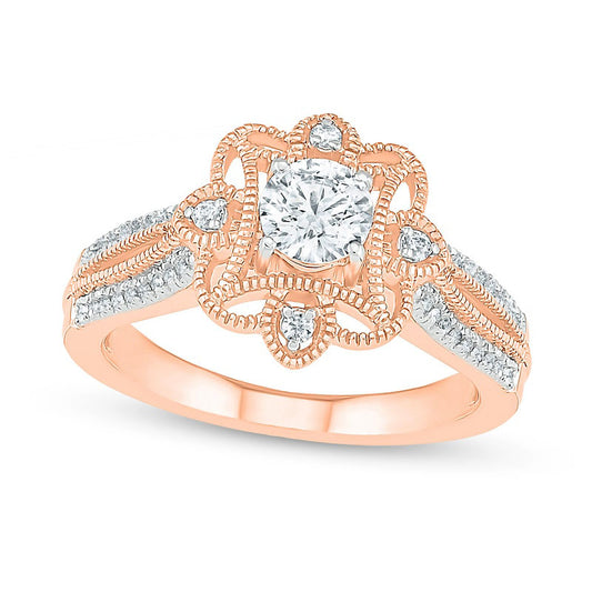 0.63 CT. T.W. Natural Diamond Flower Frame Antique Vintage-Style Engagement Ring in Solid 10K Rose Gold