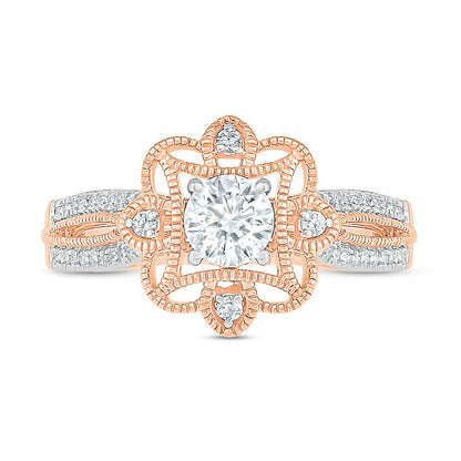 0.63 CT. T.W. Natural Diamond Flower Frame Antique Vintage-Style Engagement Ring in Solid 10K Rose Gold