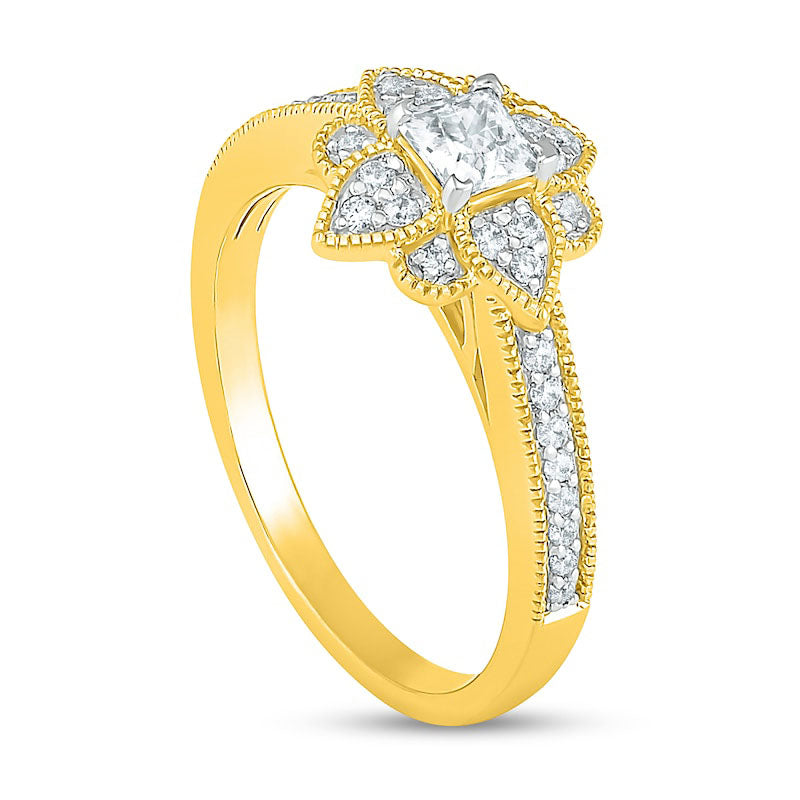 0.50 CT. T.W. Princess-Cut Natural Diamond Flower Frame Antique Vintage-Style Engagement Ring in Solid 10K Yellow Gold