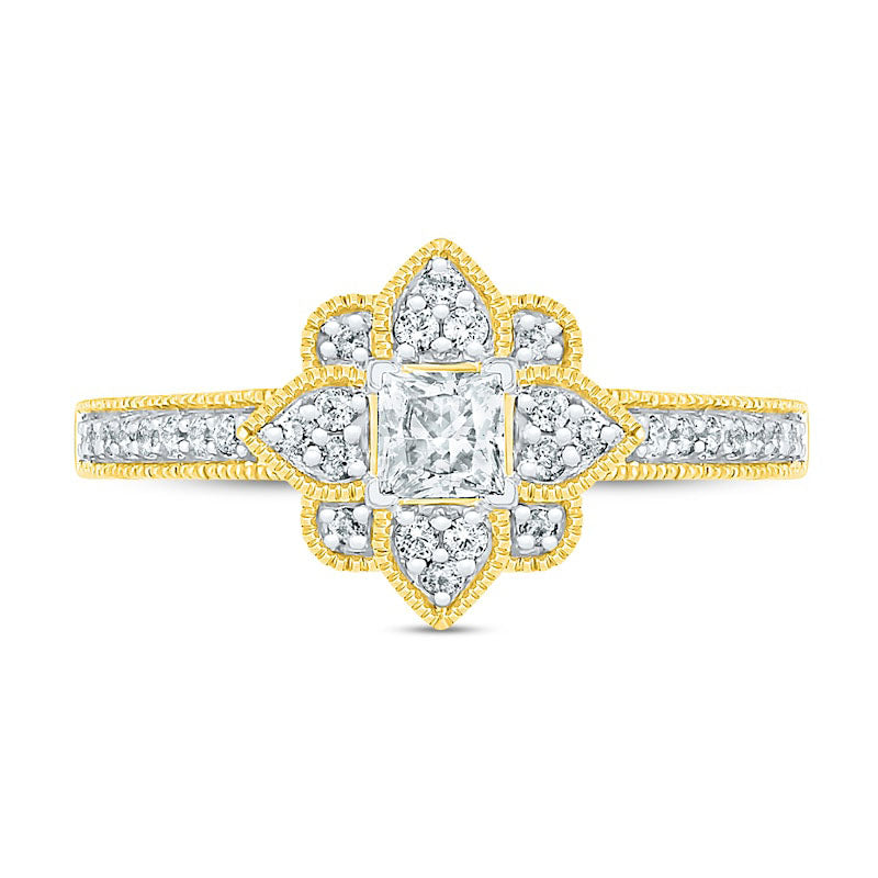 0.50 CT. T.W. Princess-Cut Natural Diamond Flower Frame Antique Vintage-Style Engagement Ring in Solid 10K Yellow Gold