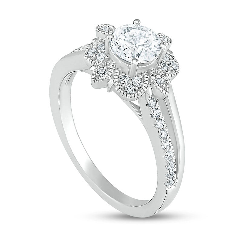 1.0 CT. T.W. Natural Diamond Flower Frame Antique Vintage-Style Engagement Ring in Solid 10K White Gold