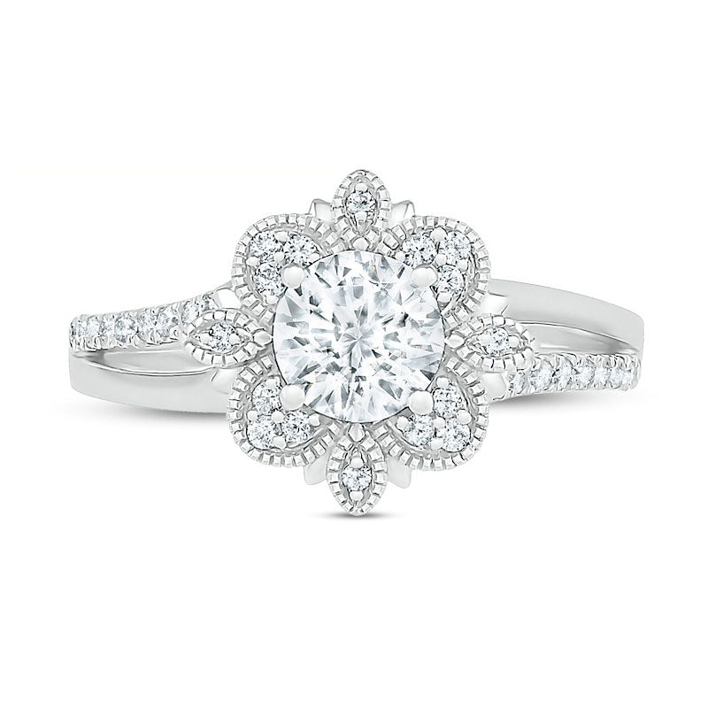 1.0 CT. T.W. Natural Diamond Flower Frame Antique Vintage-Style Engagement Ring in Solid 10K White Gold