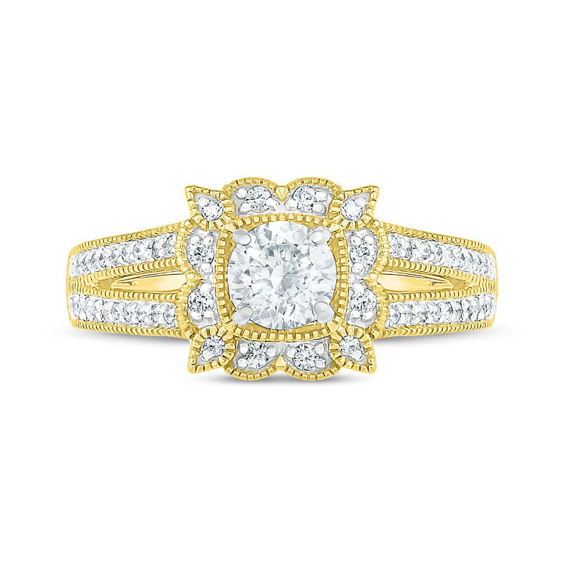 0.75 CT. T.W. Natural Diamond Scalloped Square Frame Antique Vintage-Style Engagement Ring in Solid 10K Yellow Gold