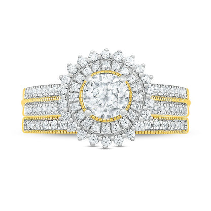 1.0 CT. T.W. Natural Diamond Sunburst Frame Antique Vintage-Style Bridal Engagement Ring Set in Solid 10K Yellow Gold
