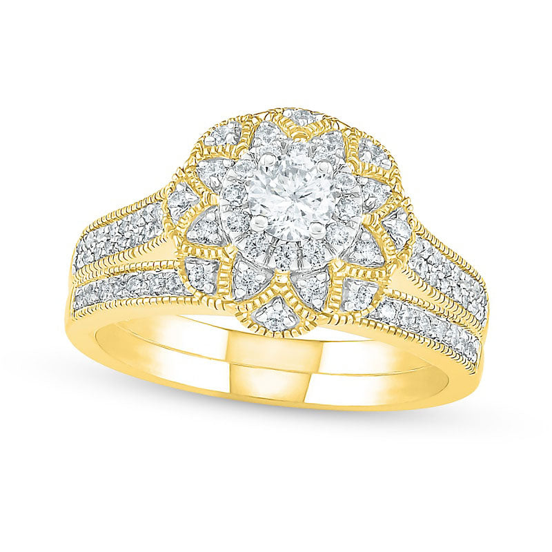 0.75 CT. T.W. Natural Diamond Scallop Edge Frame Antique Vintage-Style Bridal Engagement Ring Set in Solid 10K Yellow Gold