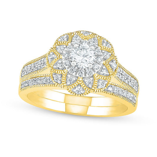 0.75 CT. T.W. Natural Diamond Scallop Edge Frame Antique Vintage-Style Bridal Engagement Ring Set in Solid 10K Yellow Gold