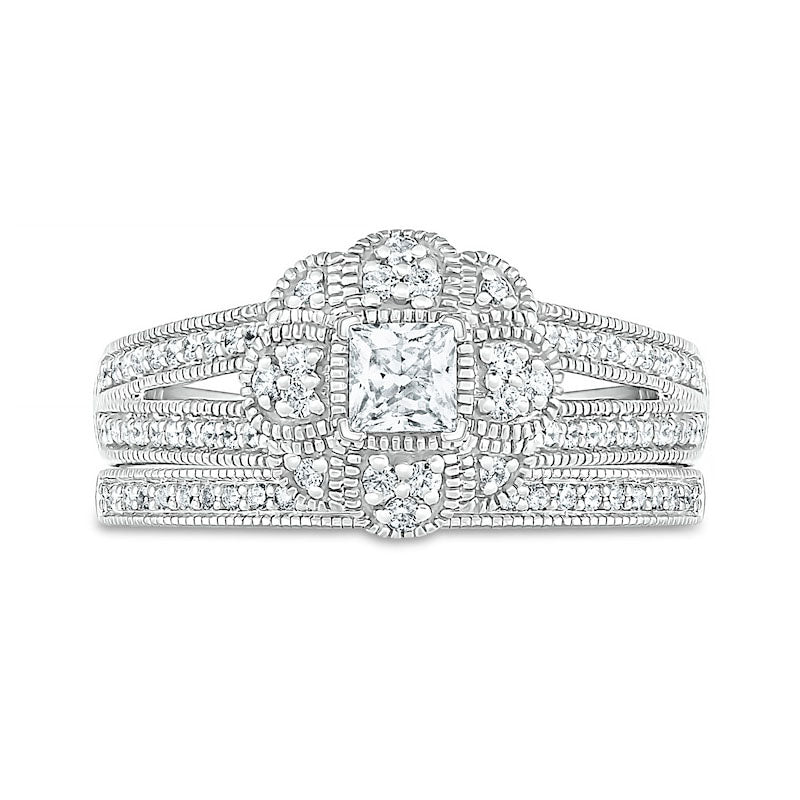 0.63 CT. T.W. Princess-Cut Natural Diamond Frame Art Deco Antique Vintage-Style Bridal Engagement Ring Set in Solid 10K White Gold