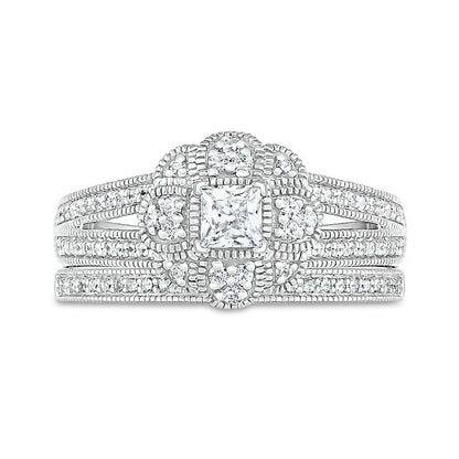 0.63 CT. T.W. Princess-Cut Natural Diamond Frame Art Deco Antique Vintage-Style Bridal Engagement Ring Set in Solid 10K White Gold