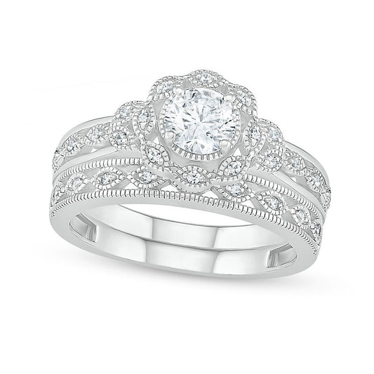 0.63 CT. T.W. Natural Diamond Scallop Edge Frame Antique Vintage-Style Bridal Engagement Ring Set in Solid 10K White Gold