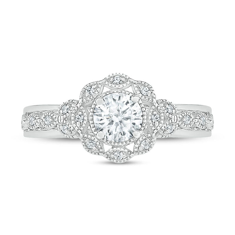 0.63 CT. T.W. Natural Diamond Scallop Edge Frame Antique Vintage-Style Bridal Engagement Ring Set in Solid 10K White Gold