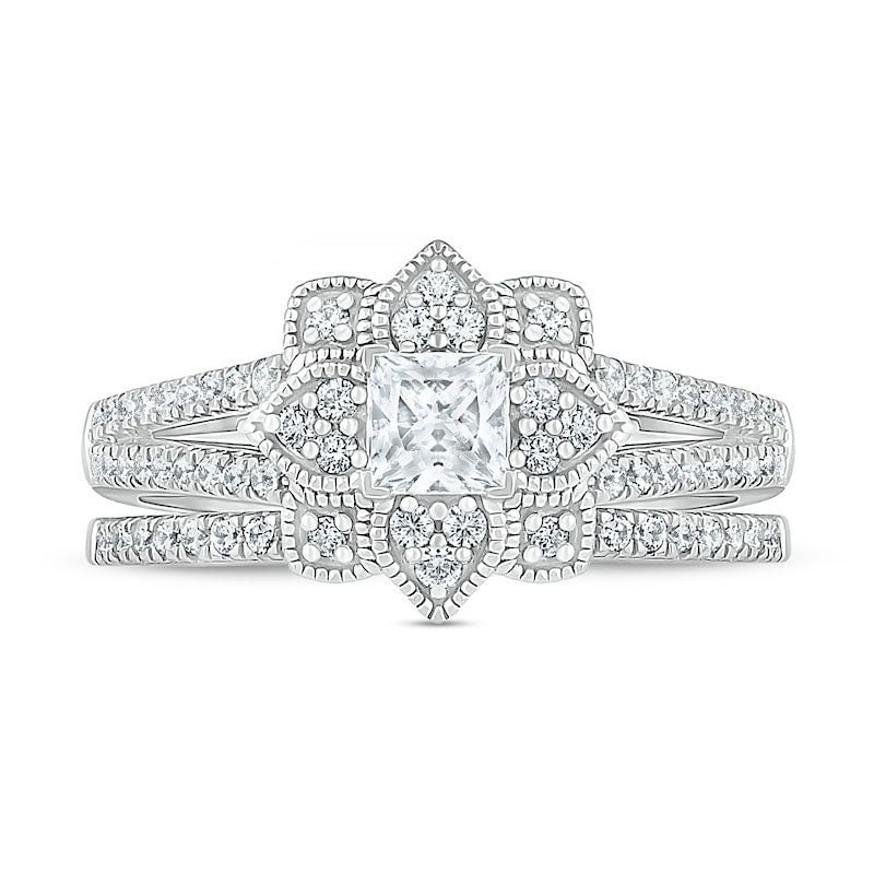 0.75 CT. T.W. Princess-Cut Natural Diamond Flower Frame Antique Vintage-Style Bridal Engagement Ring Set in Solid 10K White Gold