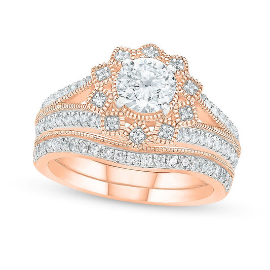 1.25 CT. T.W. Natural Diamond Flower Frame Antique Vintage-Style Bridal Engagement Ring Set in Solid 10K Rose Gold