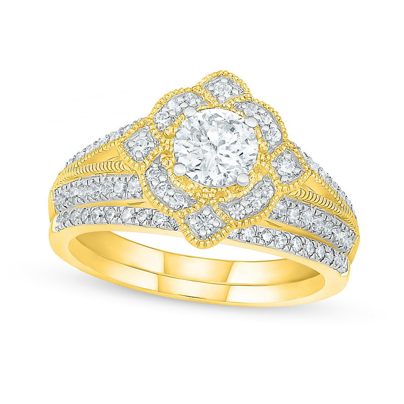 1.0 CT. T.W. Natural Diamond Tilted Frame Antique Vintage-Style Bridal Engagement Ring Set in Solid 10K Yellow Gold