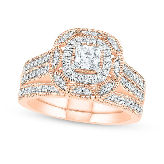 0.75 CT. T.W. Princess-Cut Natural Diamond Double Cushion Frame Antique Vintage-Style Bridal Engagement Ring Set in Solid 10K Rose Gold