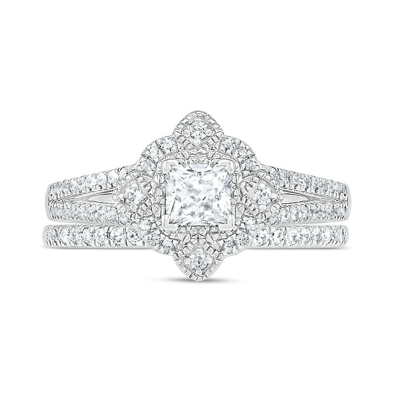 0.75 CT. T.W. Princess-Cut Natural Diamond Tilted Frame Antique Vintage-Style Bridal Engagement Ring Set in Solid 10K White Gold