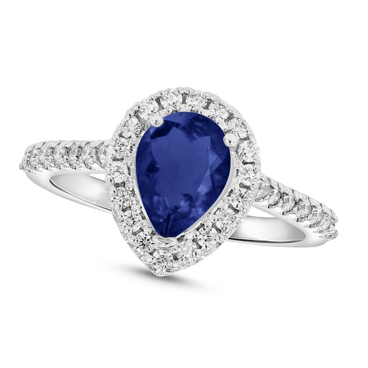 Pear-Shaped Blue Sapphire and 0.33 CT. T.W. Natural Diamond Frame Ring in Solid 14K White Gold