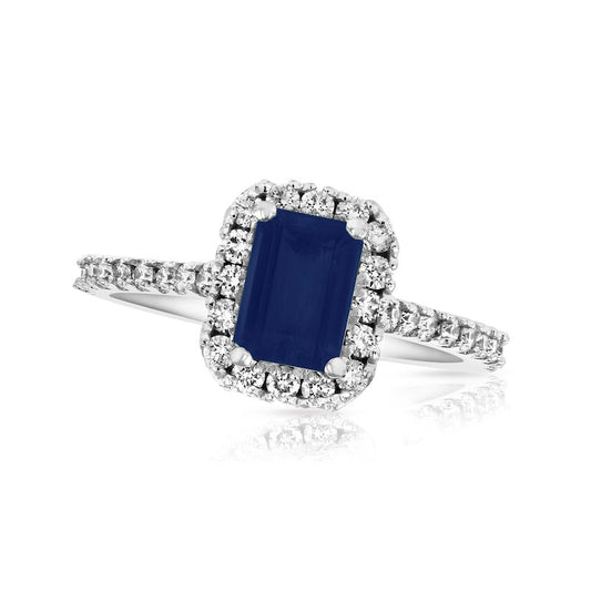 Emerald-Cut Blue Sapphire and 0.50 CT. T.W. Natural Diamond Frame Ring in Solid 14K White Gold