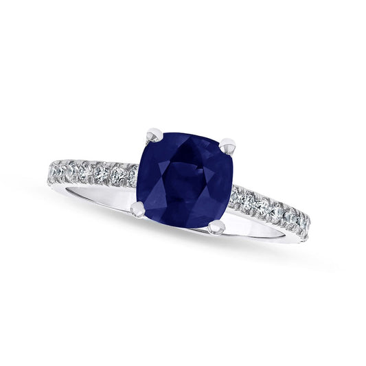 5.0mm Cushion-Cut Blue Sapphire and 0.33 CT. T.W. Natural Diamond Ring in Solid 14K White Gold