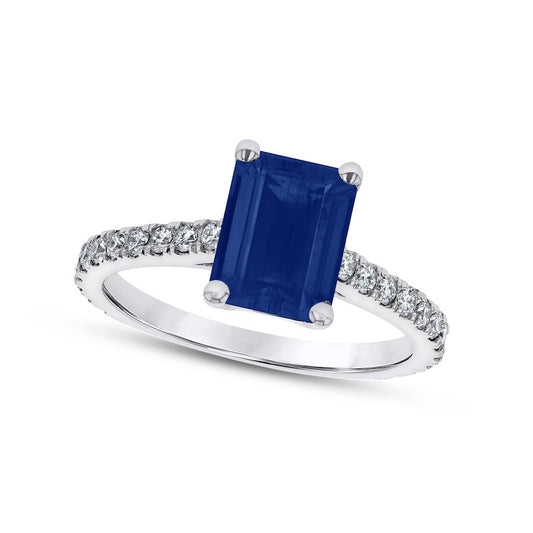 Emerald-Cut Blue Sapphire and 0.33 CT. T.W. Natural Diamond Ring in Solid 14K White Gold