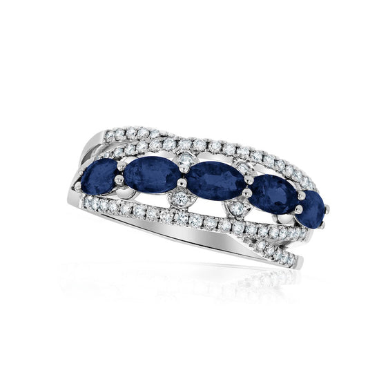 Sideways Oval Blue Sapphire and 0.25 CT. T.W. Natural Diamond Five Stone Ring in Solid 14K White Gold