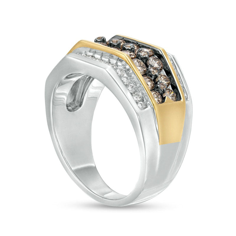 Men's 2.0 CT. T.W. Champagne and White Natural Diamond Multi-Row Ring in Solid 10K Two-Tone Gold