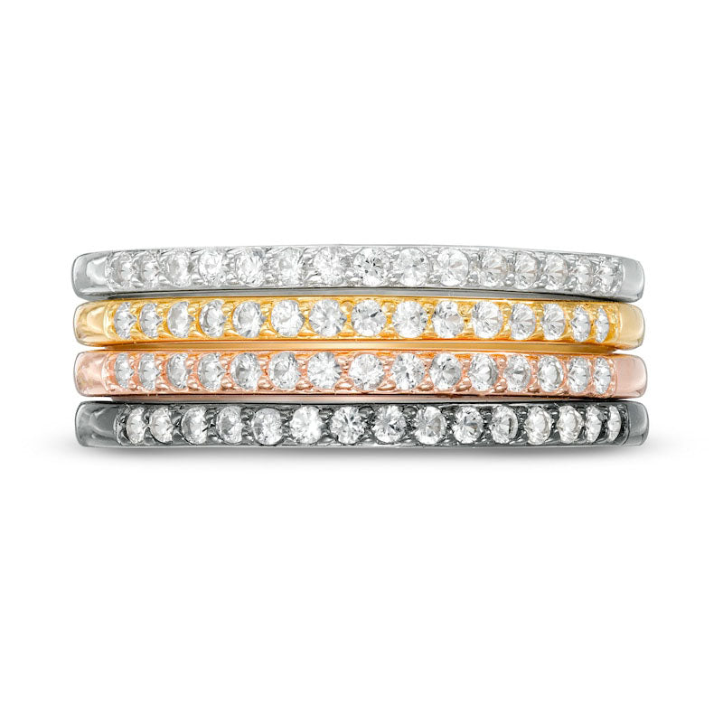 White Lab-Created Sapphire Stackable Band Set in Sterling Silver with Solid 18K Yellow and Rose GP and Black Rhodium - Size 7