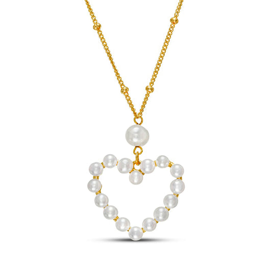 3.0-5.0mm Cultured Freshwater Pearl Heart Outline Drop Necklace in Sterling Silver with 18K Gold Plate