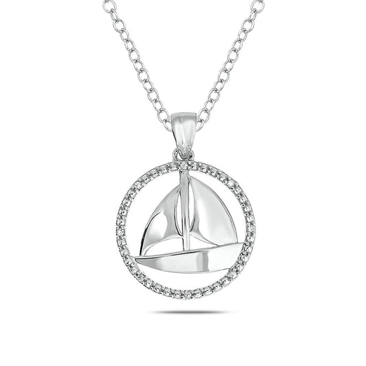 Natural Diamond Accent Circle Outline Sailboat Pendant in Sterling Silver