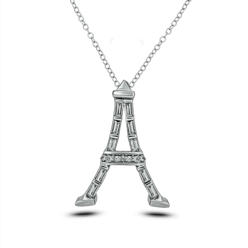 0.1 CT. T.W. Baguette and Round Natural Diamond Eiffel Tower Pendant in Sterling Silver