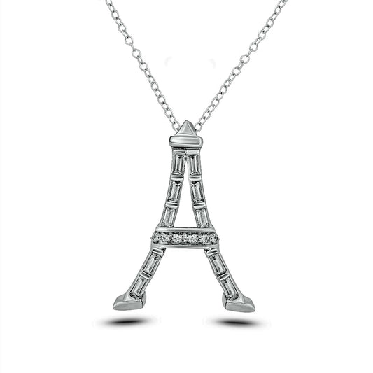 0.1 CT. T.W. Baguette and Round Natural Diamond Eiffel Tower Pendant in Sterling Silver