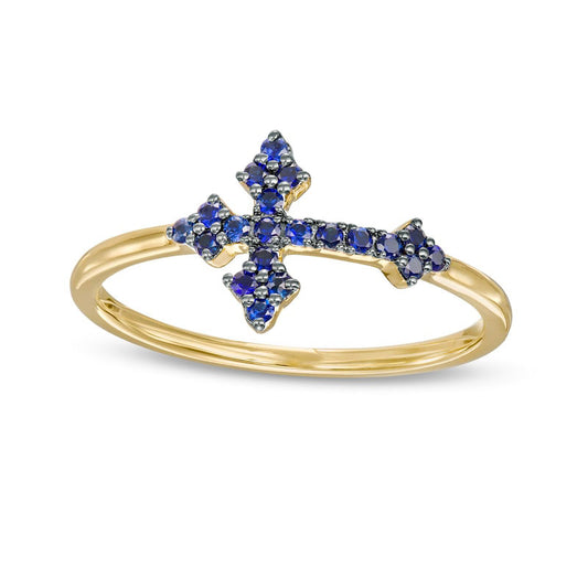 Blue Sapphire Sideways Gothic-Style Cross Ring in Solid 10K Yellow Gold