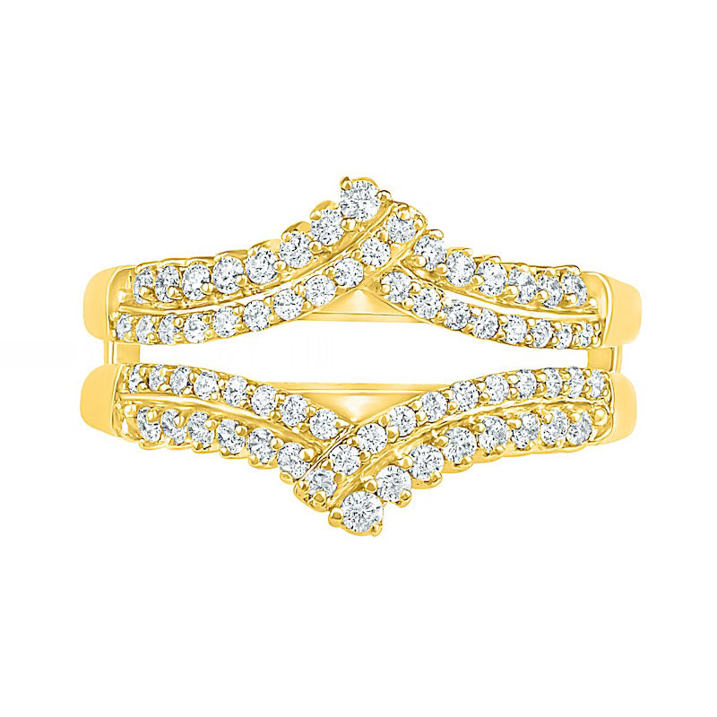 0.50 CT. T.W. Natural Clarity Enhanced Diamond Double Row Crossover Crown Contour Solitaire Enhancer in Solid 10K Yellow Gold