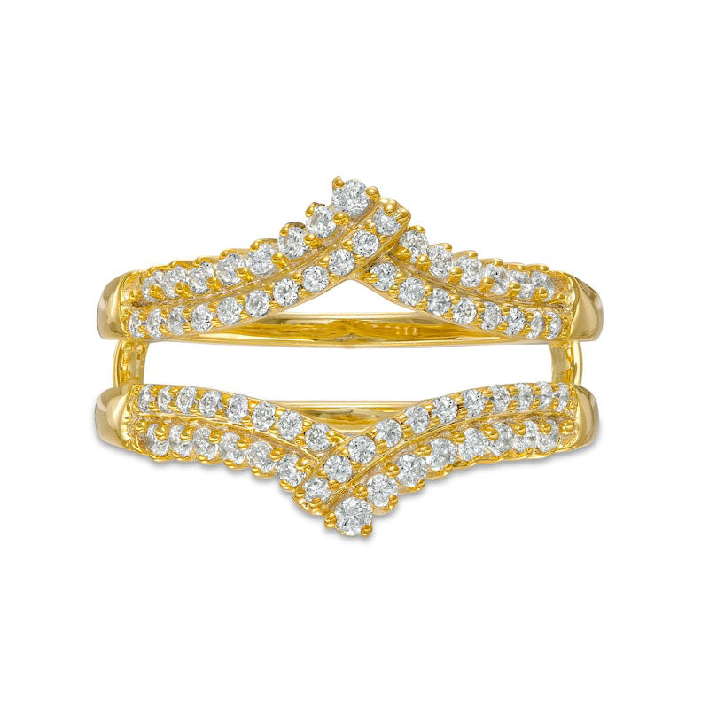 0.50 CT. T.W. Natural Clarity Enhanced Diamond Double Row Crossover Crown Contour Solitaire Enhancer in Solid 10K Yellow Gold