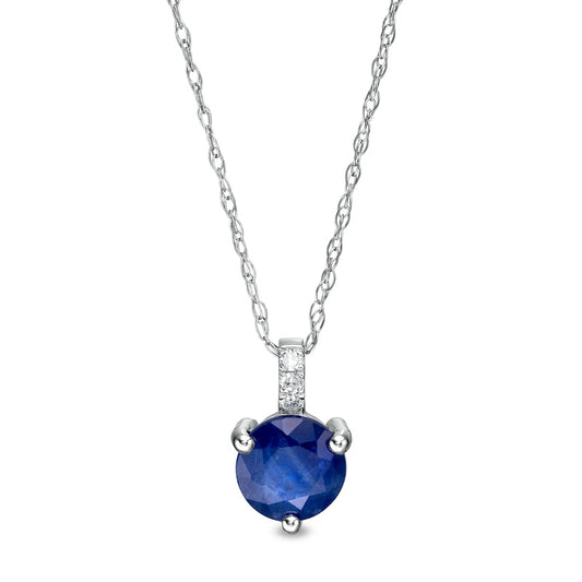 6.0mm Blue Sapphire and Natural Diamond Accent Drop Pendant in 10K White Gold
