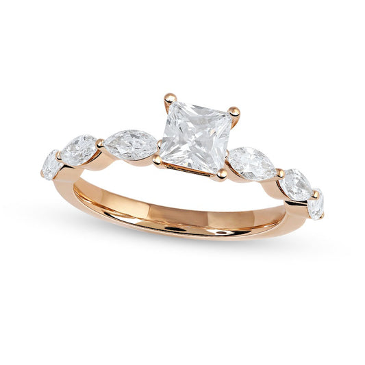 1.0 CT. T.W. Princess-Cut and Marquise Natural Diamond Engagement Ring in Solid 14K Rose Gold