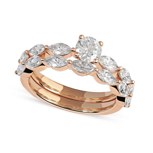 1.88 CT. T.W. Round and Marquise Natural Diamond Bridal Engagement Ring Set in Solid 14K Rose Gold