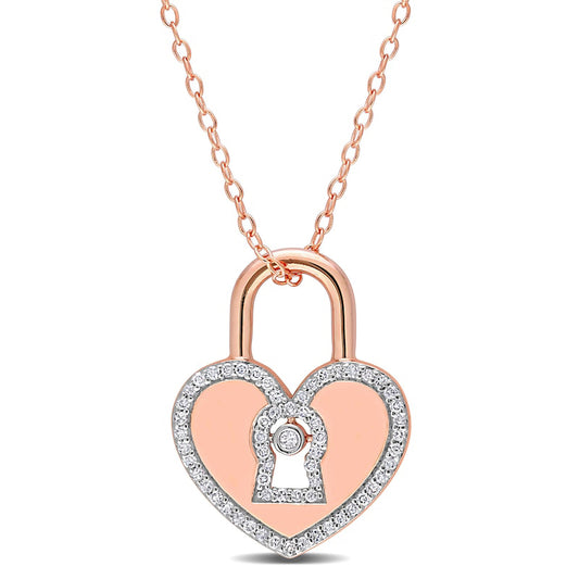 0.2 CT. T.W. Natural Diamond Heart-Shaped Lock Pendant in Sterling Silver with Rose Rhodium Plate