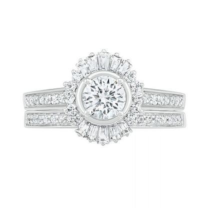 1.0 CT. T.W. Baguette and Round Natural Diamond Sunburst Frame Bridal Engagement Ring Set in Solid 10K White Gold