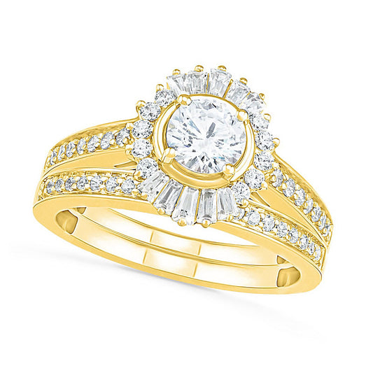 1.0 CT. T.W. Baguette and Round Natural Diamond Sunburst Frame Bridal Engagement Ring Set in Solid 10K Yellow Gold