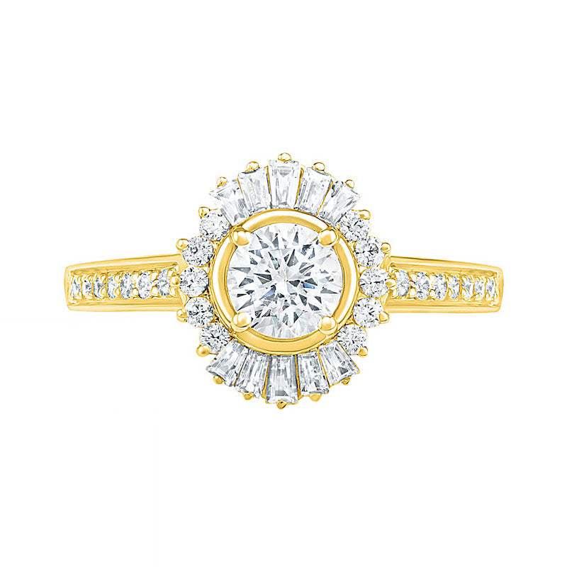 1.0 CT. T.W. Baguette and Round Natural Diamond Sunburst Frame Bridal Engagement Ring Set in Solid 10K Yellow Gold