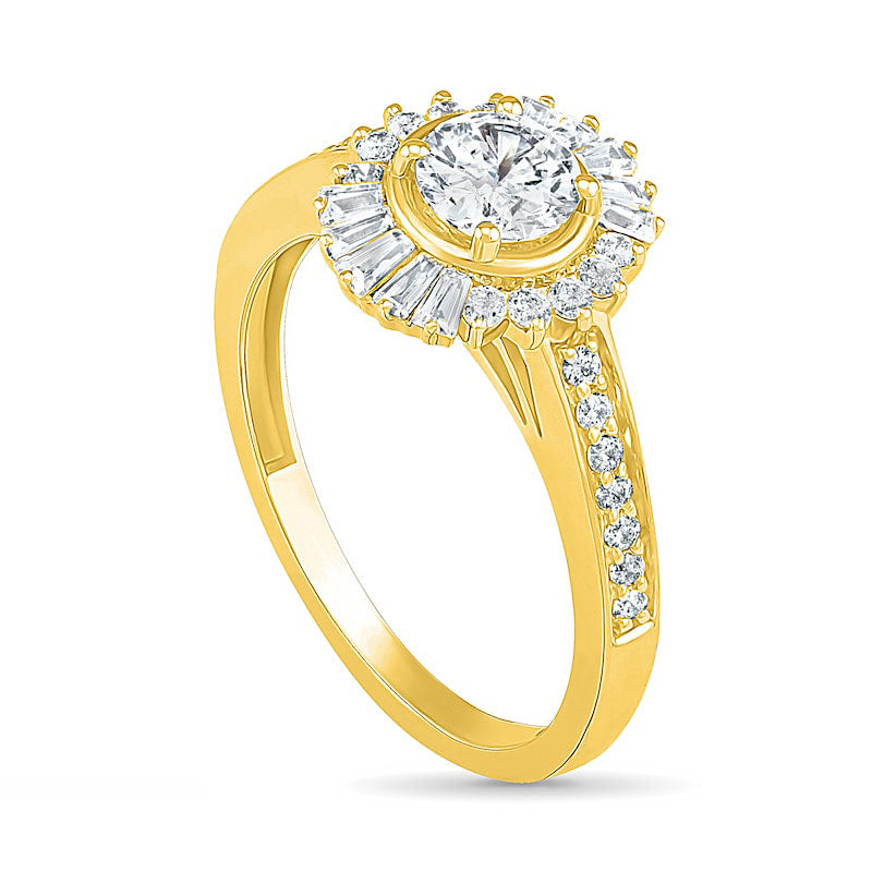1.0 CT. T.W. Baguette and Round Natural Diamond Sunburst Frame Bridal Engagement Ring Set in Solid 10K Yellow Gold
