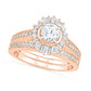 1.0 CT. T.W. Baguette and Round Natural Diamond Sunburst Frame Bridal Engagement Ring Set in Solid 10K Rose Gold