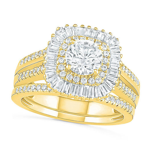 1.5 CT. T.W. Baguette and Round Natural Diamond Cushion-Shaped Sunburst Frame Bridal Engagement Ring Set in Solid 10K Yellow Gold