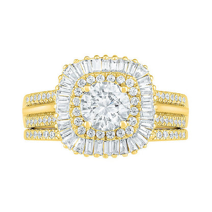 1.5 CT. T.W. Baguette and Round Natural Diamond Cushion-Shaped Sunburst Frame Bridal Engagement Ring Set in Solid 10K Yellow Gold