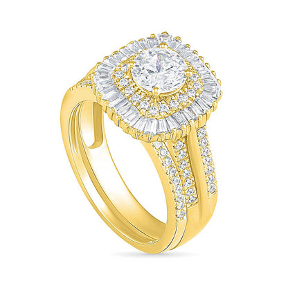 1.5 CT. T.W. Baguette and Round Natural Diamond Cushion-Shaped Sunburst Frame Bridal Engagement Ring Set in Solid 10K Yellow Gold